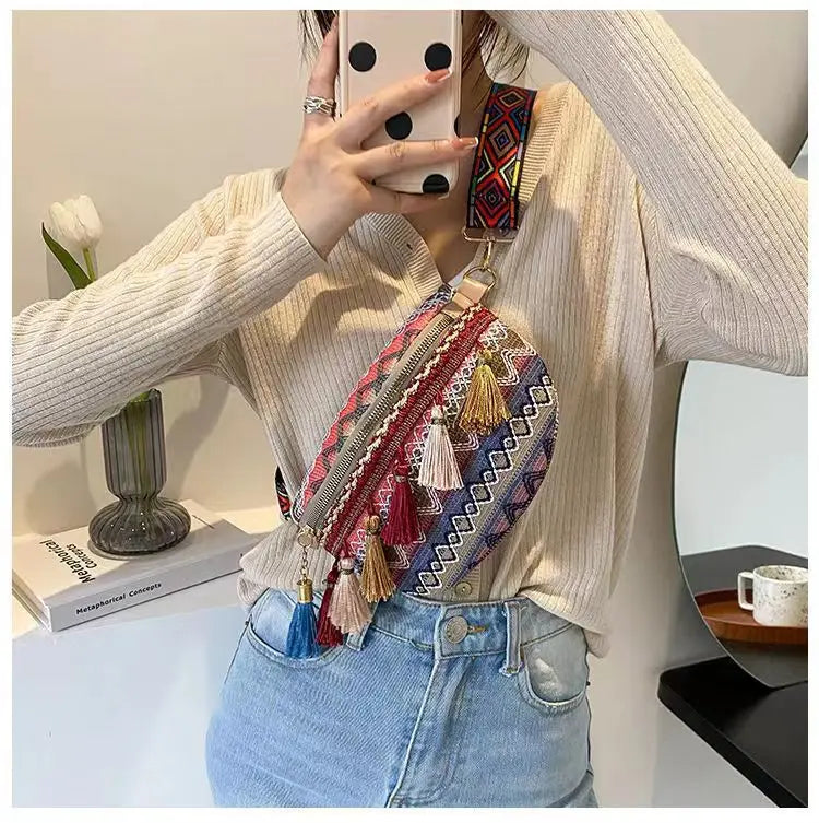 Women Folk Style Waist Bag with Fringe Decor
