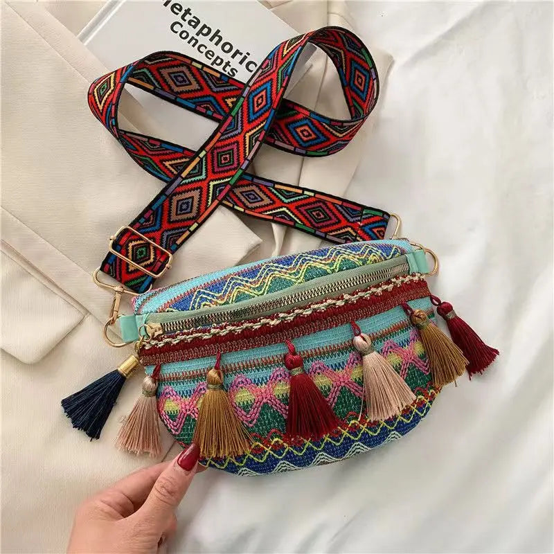 Women Folk Style Waist Bag with Fringe Decor