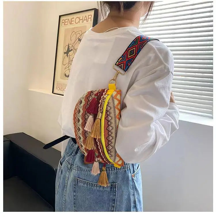 Women Folk Style Waist Bag with Fringe Decor
