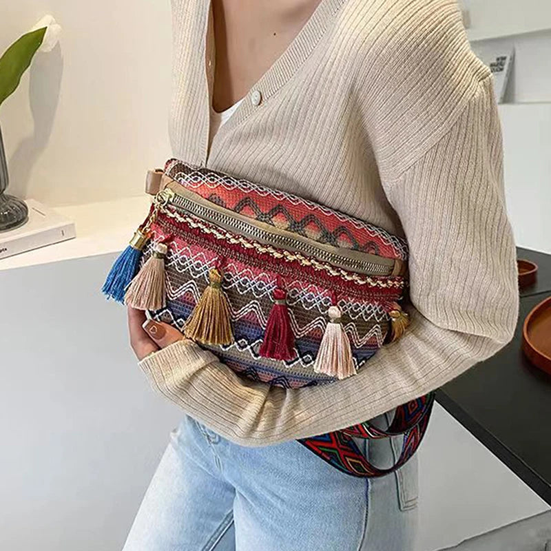 Variegated Waist Bag with Fringe Decor