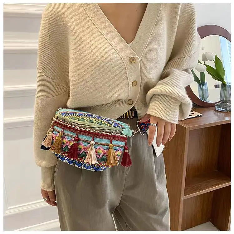 Women Folk Style Waist Bag with Fringe Decor