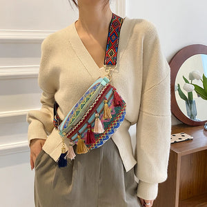 Women Folk Style Waist Bag with Adjustable Strap Fanny Pack with Fringe Decor