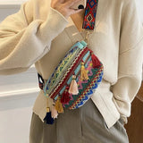 Folk Style Waist Bag with Adjustable Strap and Fringe Decor