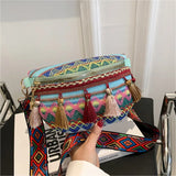Folk Style Waist Bag with Adjustable Strap and Fringe Decor