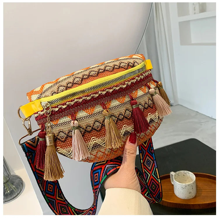 Women's Variegated Waist Bag with Fringe Decor