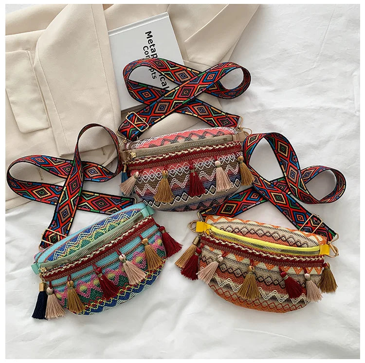 Women's Variegated Waist Bag with Fringe Decor