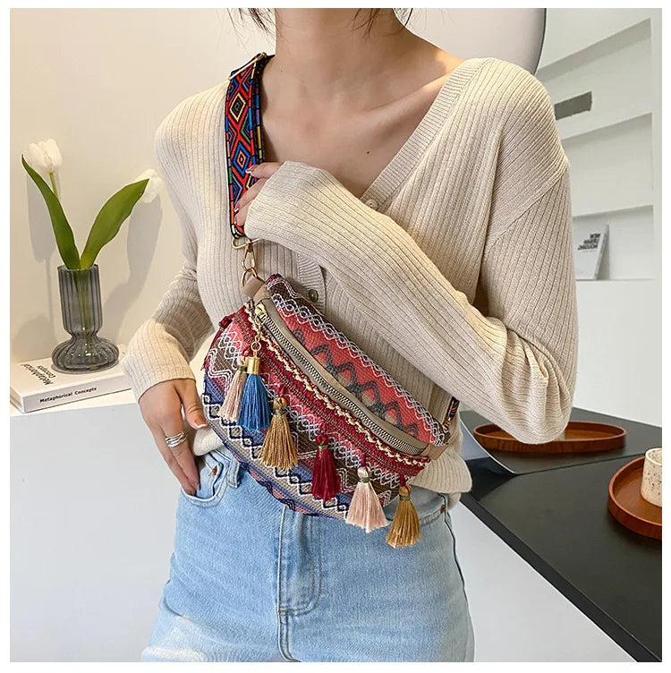 Women's Variegated Waist Bag with Fringe Decor