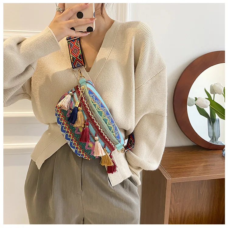 Women's Variegated Waist Bag with Fringe Decor