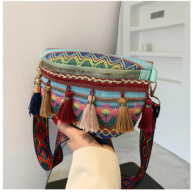 Women's Variegated Waist Bag with Fringe Decor
