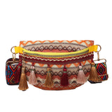 Folk Style Waist Bag with Adjustable Strap Fringed Fanny Pack