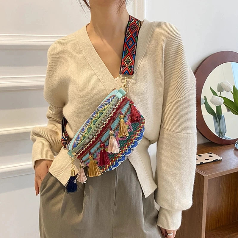 Women's Variegated Waist Bag with Fringe Decor