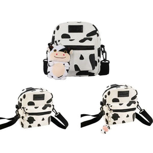 Cartoon Cow Print Crossbody Bag Canvas Messenger Tote Purse