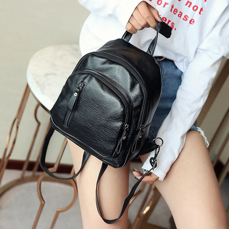 Women Girl Multifunction Backpack School Bag Solid Pu Leather