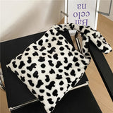 Plush Cow Print Crossbody Purse Lightweight Travel Satchel
