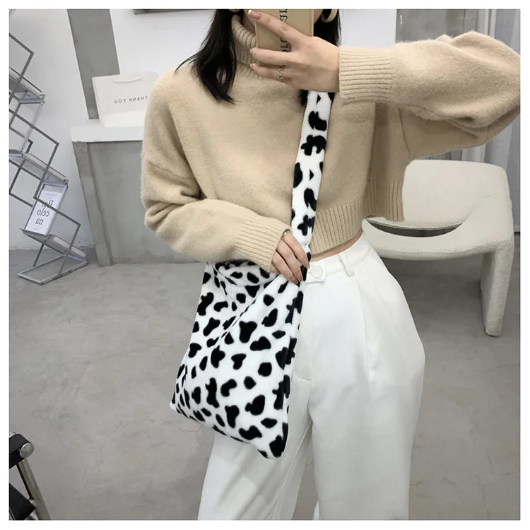 Plush Cow Print Crossbody Purse Lightweight Travel Satchel