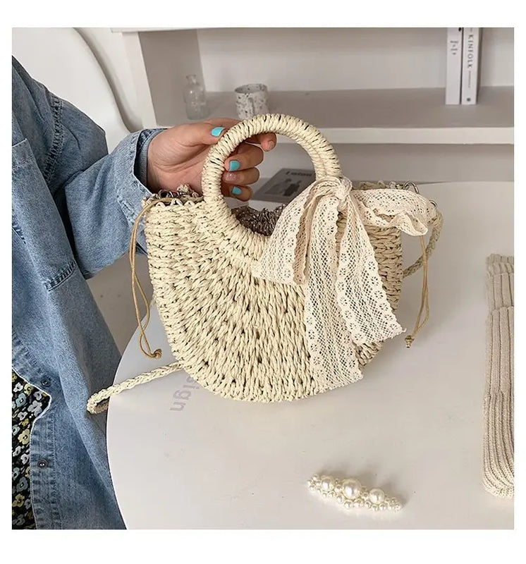 Straw Cross-body Bag with Tassels for Women Girls