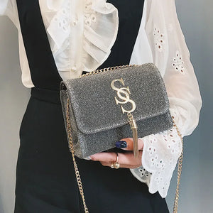 Women Glitter Envelope Clutch Bag Tassel Chain Crossbody
