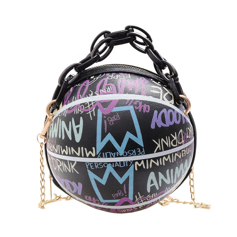 Women Graffiti Chain Bags Basketball Shoulder Ladies PU Leather Handbags