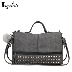 Women Rivets Fur Ball Pendant Handbag Shoulder Bag