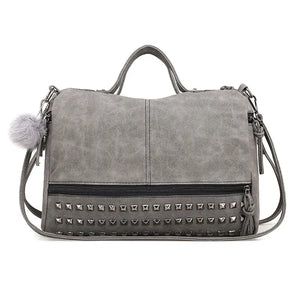 Women Rivets Fur Ball Pendant Handbag Shoulder Bag
