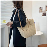 Women Straw Handbag Big Capacity Drawstring Beach Shoulder Bag