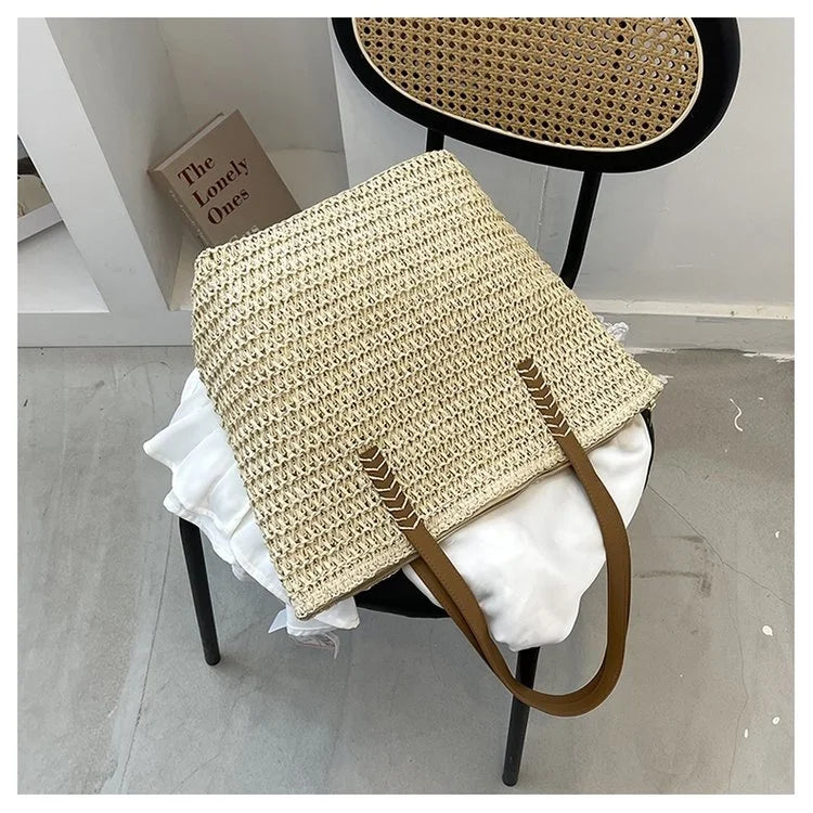 Women Straw Handbag Big Capacity Drawstring Beach Shoulder Bag
