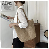 Women Straw Handbag Big Capacity Drawstring Beach Shoulder Bag