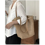 Women Straw Handbag Big Capacity Drawstring Beach Shoulder Bag