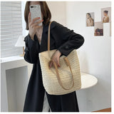 Women Straw Handbag Big Capacity Drawstring Beach Shoulder Bag