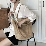 Women Straw Handbag Big Capacity Drawstring Beach Shoulder Bag