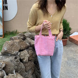 Canvas Grid Bag Female Storage Bucket Eco Tote