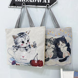 Women Handbag Large Capacity Cat Pattern Embroidered Shoulder Canvas Bag