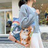 Women Handbag Large Capacity Cat Pattern Embroidered Shoulder Canvas Bag
