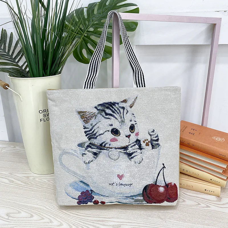 Women Handbag Large Capacity Cat Pattern Embroidered Shoulder Canvas Bag