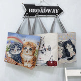 Women Handbag Large Capacity Cat Pattern Embroidered Shoulder Canvas Bag