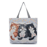Women Handbag Large Capacity Cat Pattern Embroidered Shoulder Canvas Bag