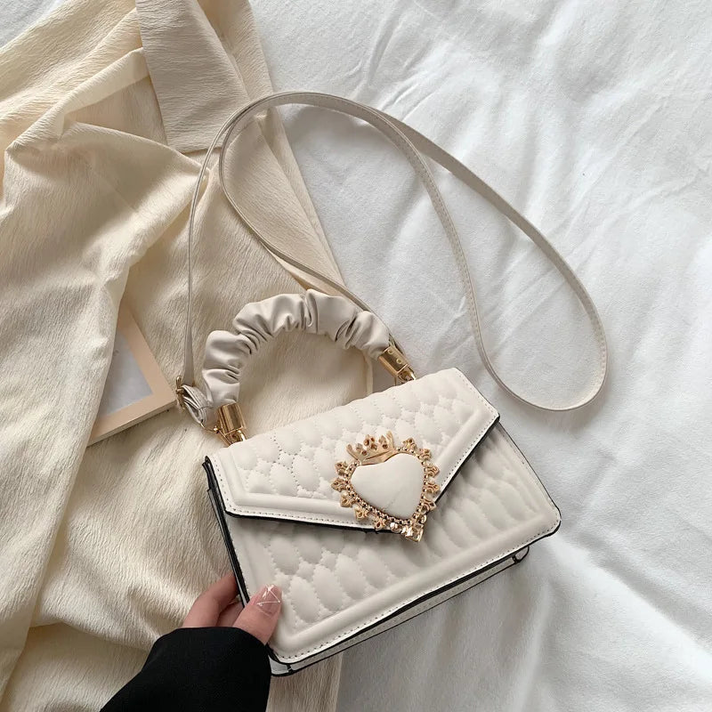 Women Handbag Peach Heart Lock Small Square Embrosidery Thread Crossbody