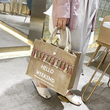 Women Large Capacity Linen Tote Bag with Tassel Shoulder Strap
