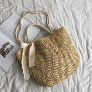 Straw Shoulder Bag with Bow Large Capacity Rattan Top-handle Bag