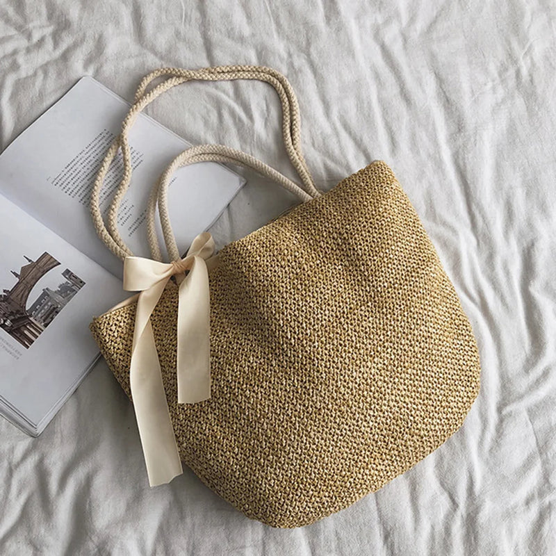 Straw Shoulder Bag with Bow Large Capacity Rattan Top-handle Bag