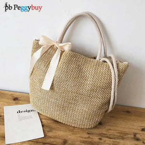 Straw Shoulder Bag with Bow Large Capacity Rattan Top-handle Bag