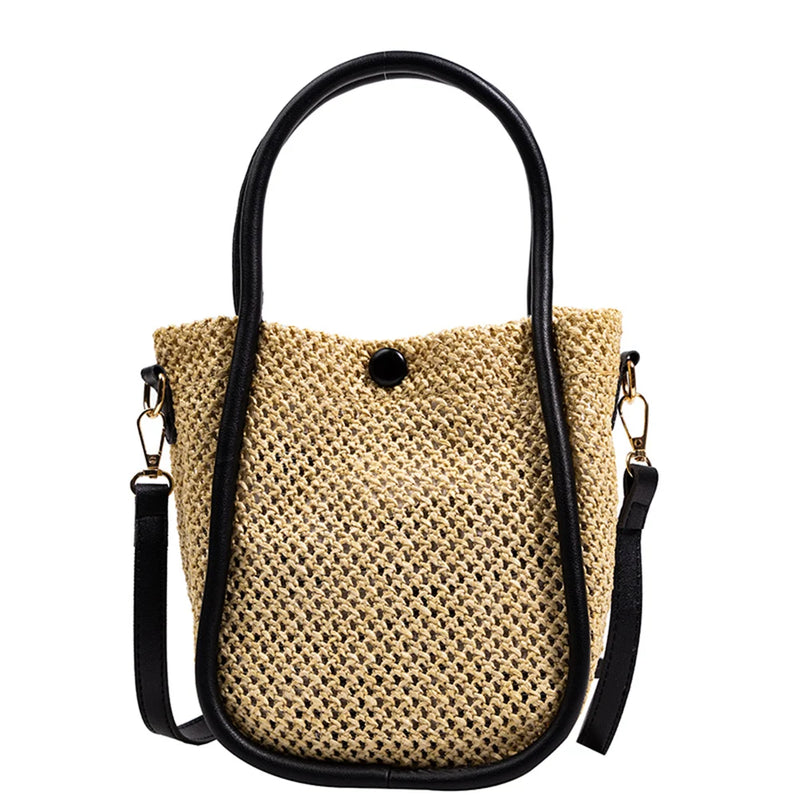 Women Straw Shoulder Bags Beach Holiday Woven Handbag Hollow Leather