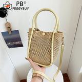 Women Hollow Straw Handbag Woven Beach Holiday Leather Shoulder Crossbody Bags