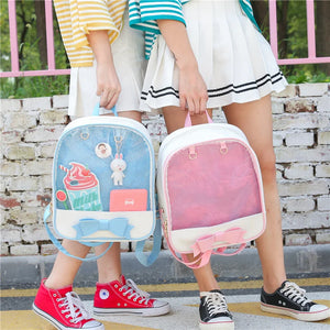 Women Ita Bag Backpack Transparent Bagpack Lovely Bow PU Backpacks