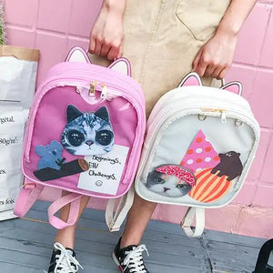 Women Ita Bag Transparent Cat Ear PU Leather Backpack Teenage Girls School Bags