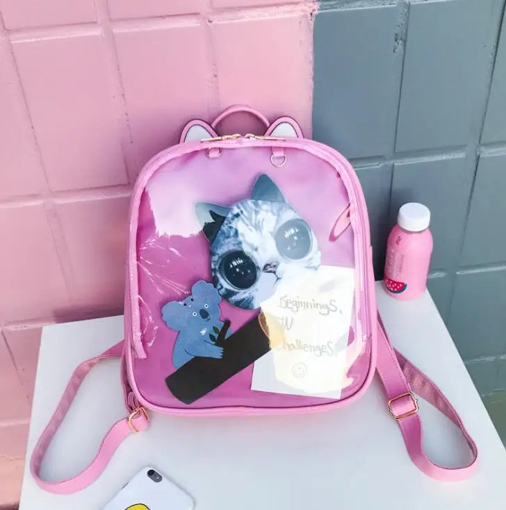 Women Ita Bag Transparent Cat Ear PU Leather Backpack Teenage Girls School Bags