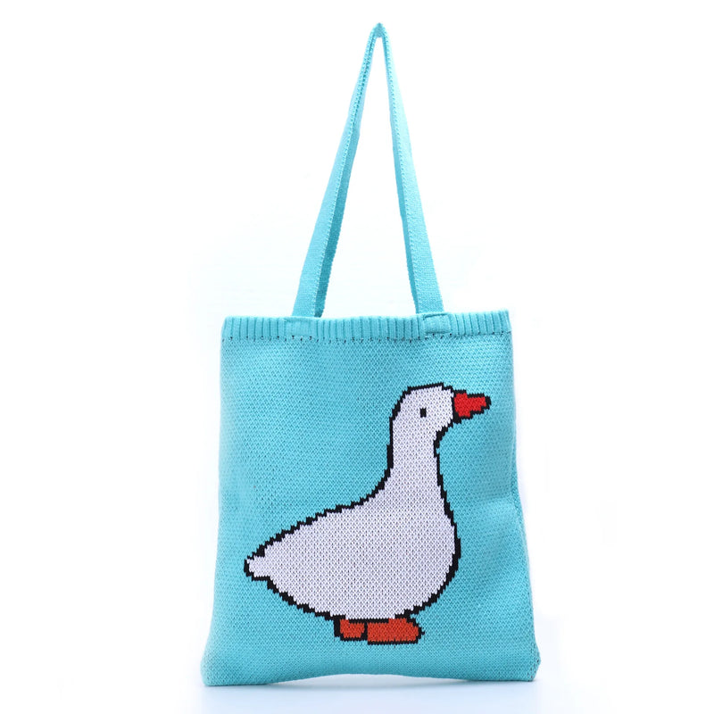 Duck Cartoon Shoulder Bag for Women Knitting Handbag Tote Wool Shopping Bag