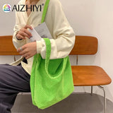 Women Knitting Shoulder Bag Lady Autumn Crochet Zipper Handbag Large Shopping