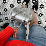 Women Korea Mini Chains Backpack Oil Wax Leather Shoulder Bag
