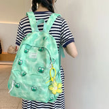 Women Japanese Frog Print Backpack Canvas Girl Student Ins Schoolbag